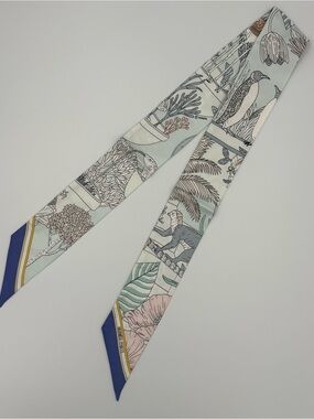 Hermès Precious Paradise Silk Twilly Blue White Birds Botanical Bag Scarf